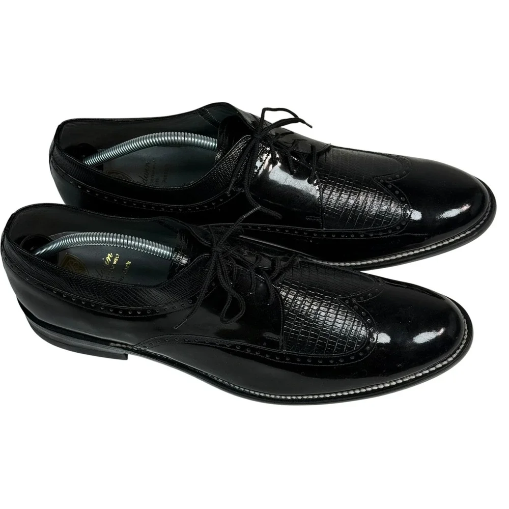 Baldwin Mens Black Patent Lizard Embossed Wingtip Oxford Dress Shoes Size‎ 12